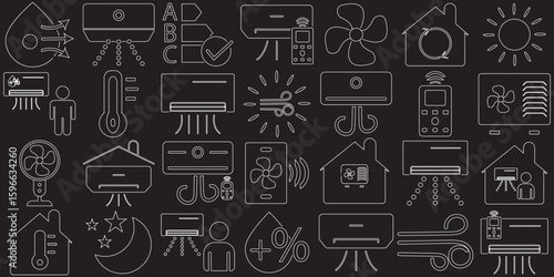  Air Conditioning  Icons. Air Cooling, Fan, Humidity, Air Circulation, Ventilation icon. Vector illustration. EPS 10/AI