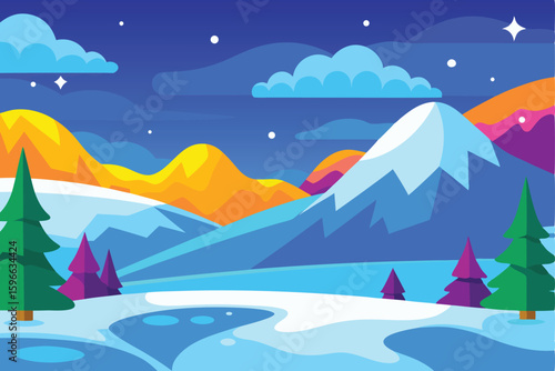 Vibrant winter mountain landscape with snow and stars