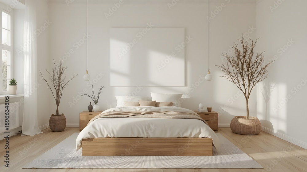 Obraz premium Serene Minimalist Bedroom: Neutral Tones, Wooden Bed, Large Canvas Mockup, Natural Light, and Stylish Decor.