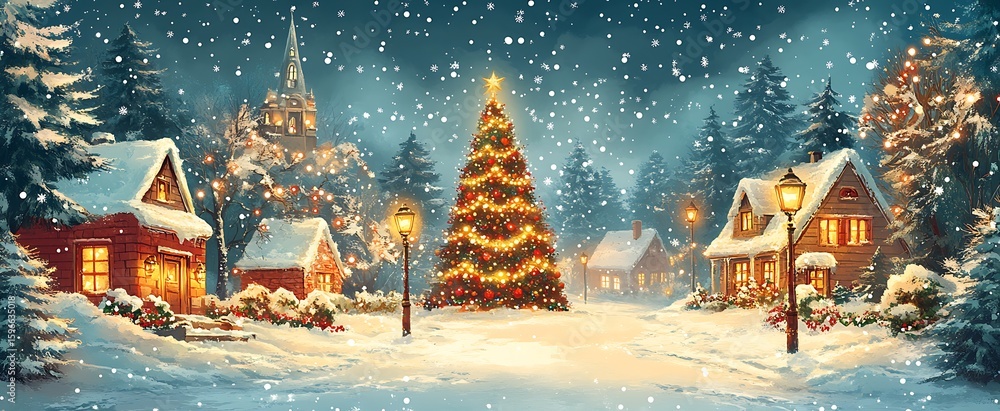 Obraz premium Winter wonderland christmas scene depicting a decorated tree with glowing lights in a snowy landscape