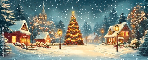 Winter wonderland christmas scene depicting a decorated tree with glowing lights in a snowy landscape
