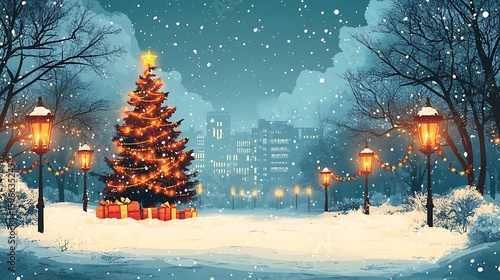 Winter wonderland scene featuring a christmas tree decorated with festive lights and presents