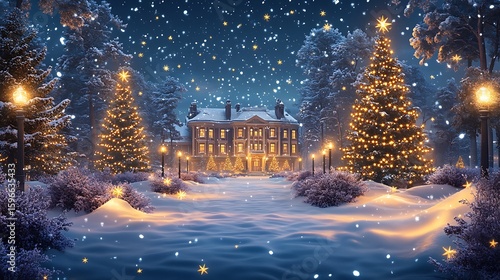 Festive winter scene featuring a snowy landscape with a christmas decorated house
