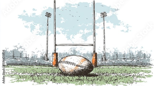 Rugby Ball at Goalposts on Field Illustration