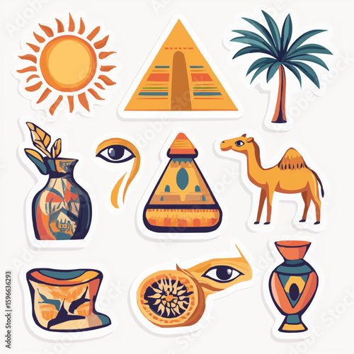 Flat cartoon Egyptian sticker set with bold outlines and childlike design, ideal for kids printables, gift tags, planners and classroom learning materials