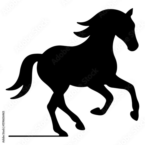 Black vector horse silhouette, isolated on white, illustrating a wild stallion running with flowing mane and tail
