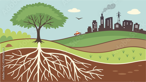 Illustration of a tree with visible roots, a car on a hill, and a city skyline in the background