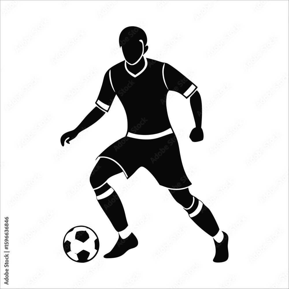 Naklejka premium Dynamic vector and silhouette illustrations capture a soccer player in action, skillfully kicking the ball during a competitive game