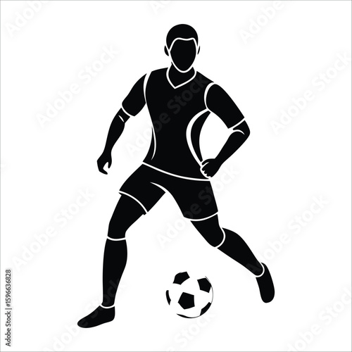 Dynamic soccer player silhouettes in action, kicking a ball towards a goal, perfect for sports illustrations and team competition
