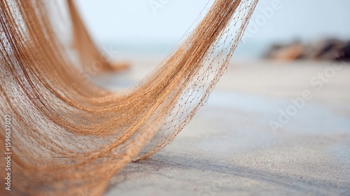 Close-Up of a Brown Fishing Net on a Sandy Beach