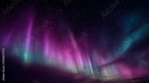 Aurora-like waves glowing across the cosmos, blending with a clear pink and violet nebula, set against a pure black sky filled with stars, ultra clarity, no haze 