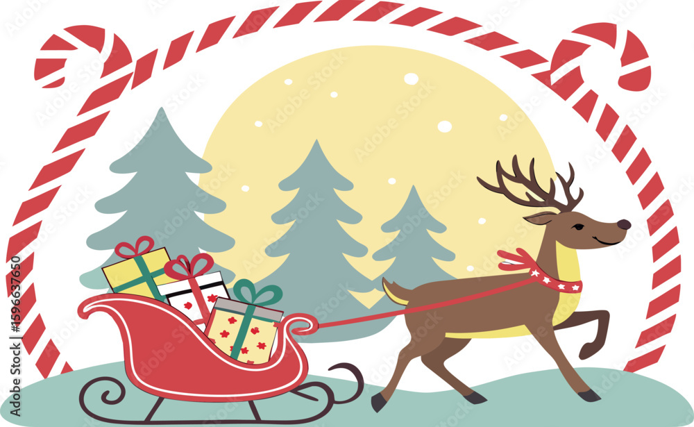 Fototapeta premium Reindeer Sleigh Ride – A charming illustration of a reindeer pulling a sleigh brimming with wrapped presents, framed by candy canes and set against a snowy forest under a glowing full moon—capturing t