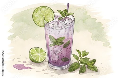 Refreshing purple cocktail with lime and mint garnish
