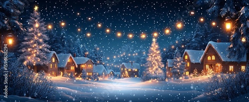 Winter wonderland landscape with cozy cottages and glowing christmas lights in snowfall