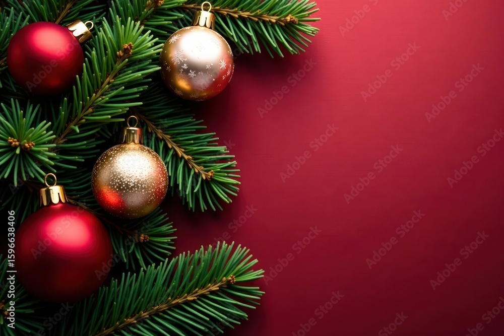 Elegant gold, silver, and red ornaments with pine sprigs , craft, christmas, top view Elegant gold, silver, and red ornaments with pine sprigs , craft, christmas, top view