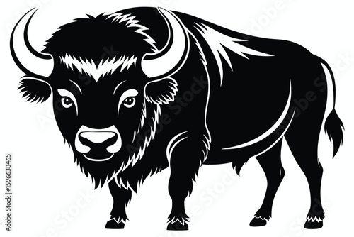 Powerful black bison gazes forward with its distinctive horns in a striking design