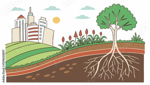 Illustration of a city skyline next to a tree with visible roots in the ground and plants nearby