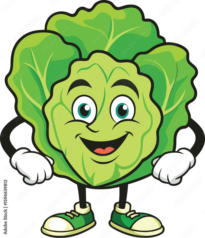 Fototapeta premium Cheerful cartoon lettuce character with a friendly smile and wearing green shoes