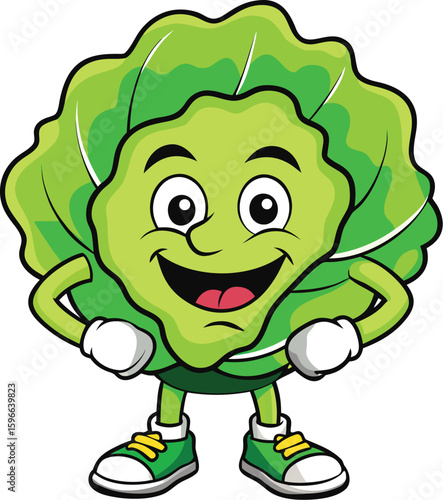 Cartoon lettuce character smiling with hands on hips, wearing sneakers and ready to go