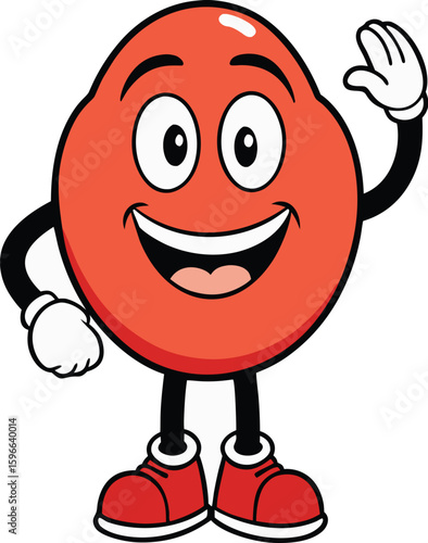 Smiling cartoon character with red body, black limbs and shoes waving its hand