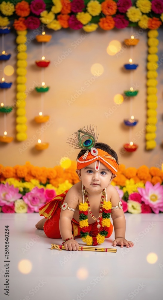 Naklejka premium Mobile HD Wallpaper of Baby Krishna with Flute – Krishna Janmashtami Special