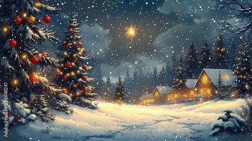 A snowy christmas evening featuring decorated trees and lit cottages in a winter landscape