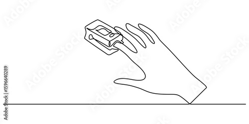 Continuous one line art drawing. Hand with oximeter on finger. Digital device to measure oxygen saturation in human, Single one line drawing Pulse Oximeter, finger medical device. Medical equipment.