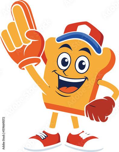 Energetic slice of bread cartoon mascot wearing foam finger and baseball cap cheers