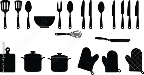 Kitchen Utensil Icons A Collection of Black and White Silhouettes