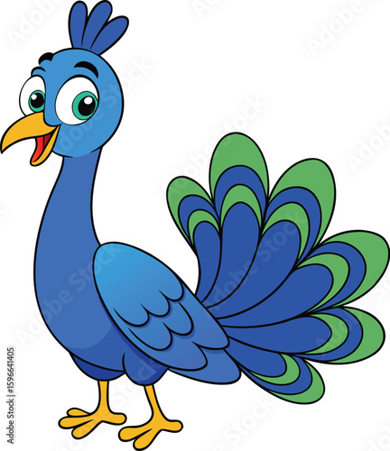  Cute beautiful blue peacock on a white background. Vector illustration with a bird on a white background