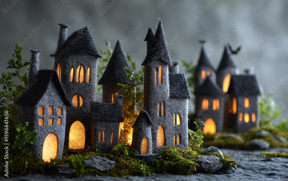 Obraz premium A row of three houses made from dark gray paper mache, each house has lights on inside and there is some bokeh in the background with bats flying around. 