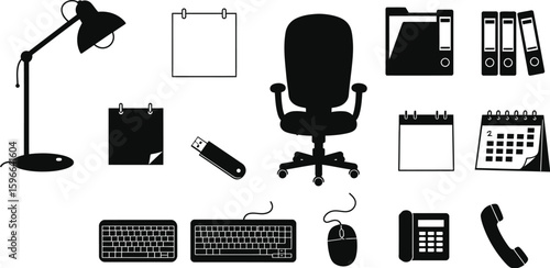 Office Supplies and Furniture Icons Desk Essentials, Equipment, and Organization