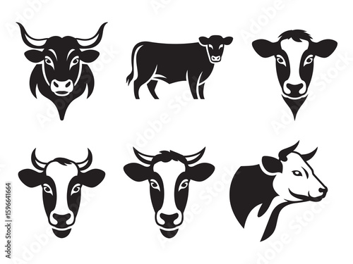 Clean Vector Cow Silhouettes in Black and White for Logo Design 
