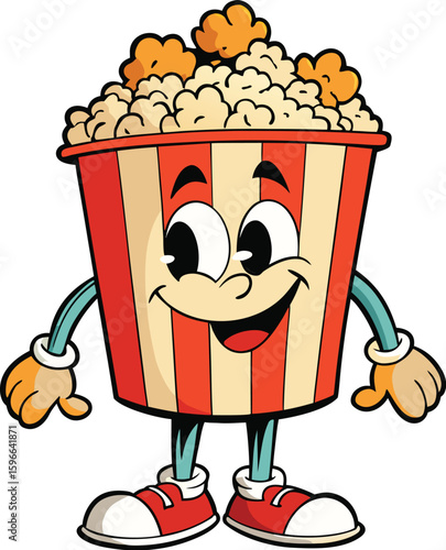 Cartoon groovy popcorn bucket, retro character with funny face, vector 70s hippie comic art. Groovy funky popcorn bucket box with silly smile and freaky face expression as retro cartoon character