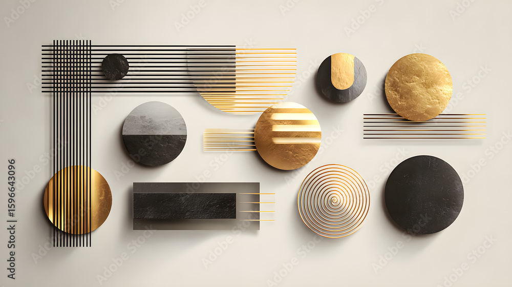 Fototapeta premium AI-Generated Abstract Composition of Geometric Shapes and Metallic Patterns – Modern Graphic Design