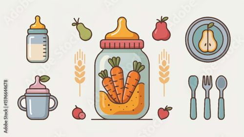 A flat design illustration of baby food and feeding items arranged in a grid pattern on a white background. The illustration features thin brown outline strokes and pastel colors