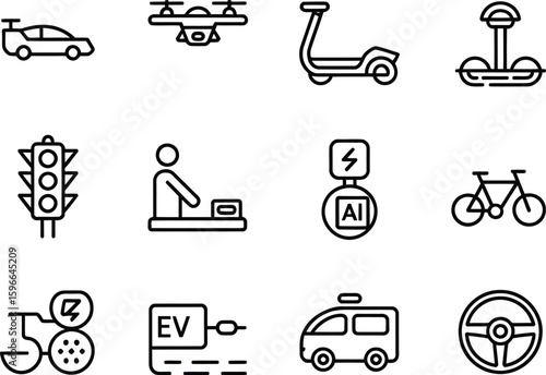 Modern transportation and technology icons set