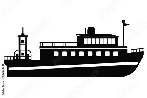 The large black ferry boat cruises elegantly upon the water, exhibiting its maritime power