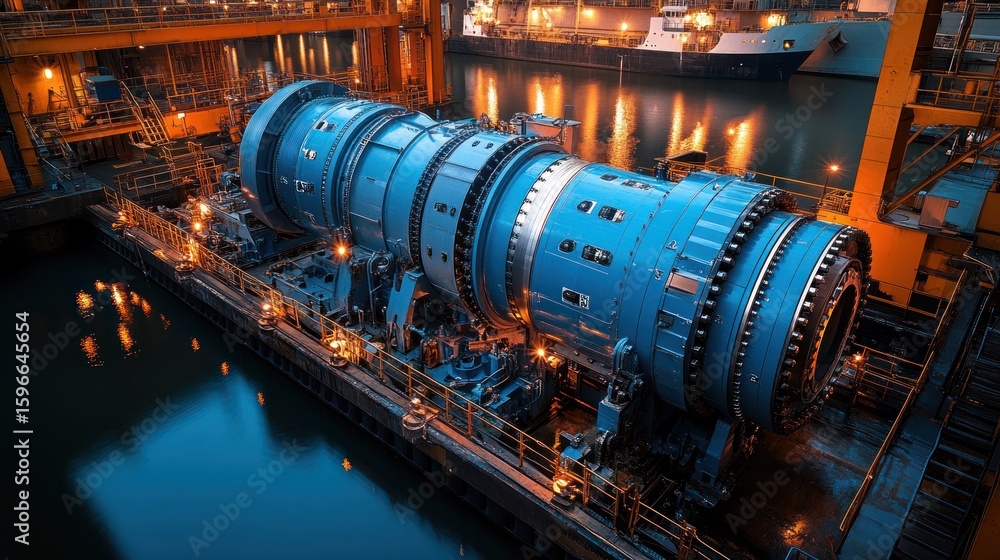 Industrial machinery, large, blue, and gray, placed on a floating dock at night Industrial machinery, large, blue, and gray, placed on a floating dock at night