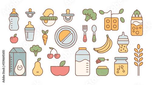 A flat design illustration of baby food and feeding items arranged in a grid pattern on a white background. The illustration features thin brown outline strokes and pastel colors