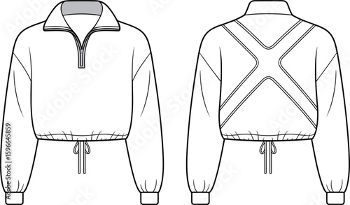 Cropped jacket front and back view, zipper detail, drawstring collar, flat vector fashion sketch, CAD apparel technical drawing