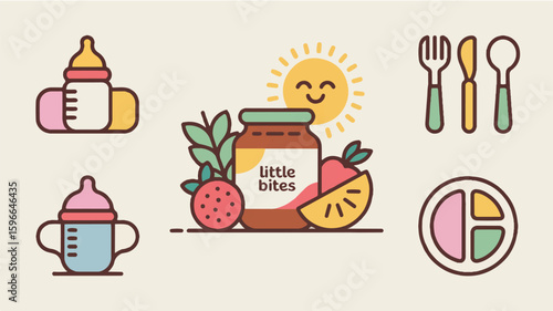 A flat design illustration of baby food and feeding items arranged in a grid pattern on a white background. The illustration features thin brown outline strokes and pastel colors (4)_traced