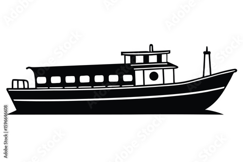 A monochrome silhouette depicts a vintage ship with a cabin and front mast