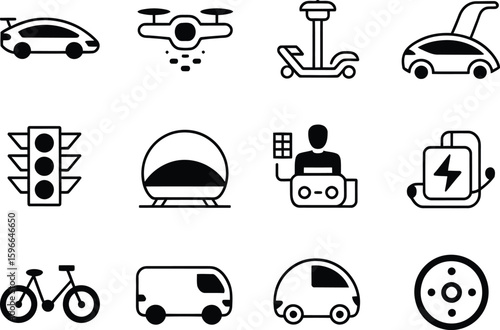 Collection of modern transportation and technology icons in a clean line art style