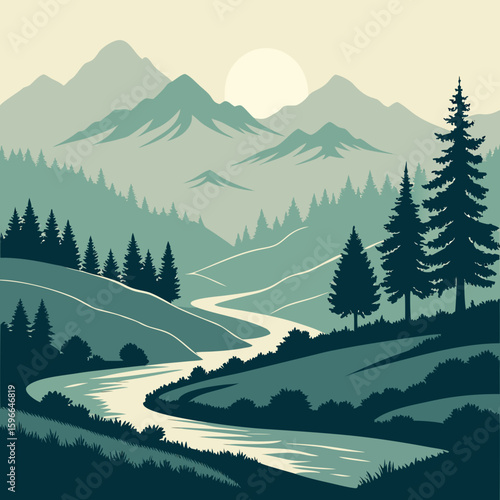 Silhouette Landscape of Mountains Hills Trees and Rivers