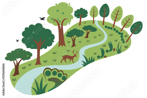 Illustration of a footprint shaped landscape with trees, deer, birds and a winding path through the green grass