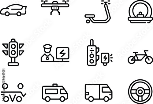 Collection of transportation and technology icons in a grid layout