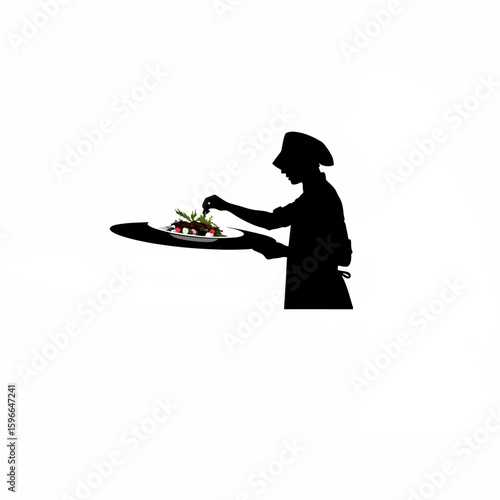 Chef plating a gourmet dish silhouette on white background