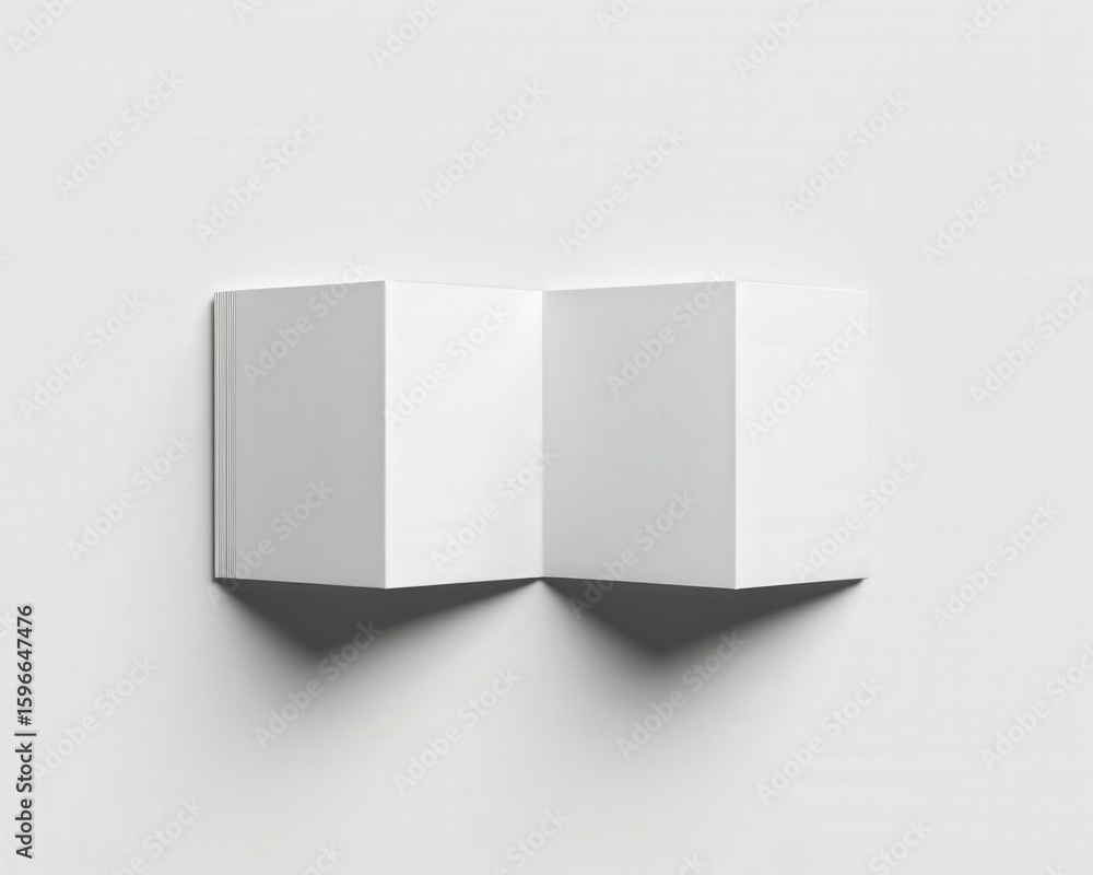 Fototapeta premium Minimal closed trifold brochure mockup casting long sharp geometric shadow on pure white background under light. Ideal flyer template, mock-up for branding and ads.