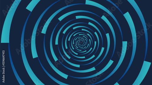 Futuristic abstract background featuring a vortex of concentric, segmented blue rings creates a sense of motion and depth, resembling a digital tunnel or data portal
